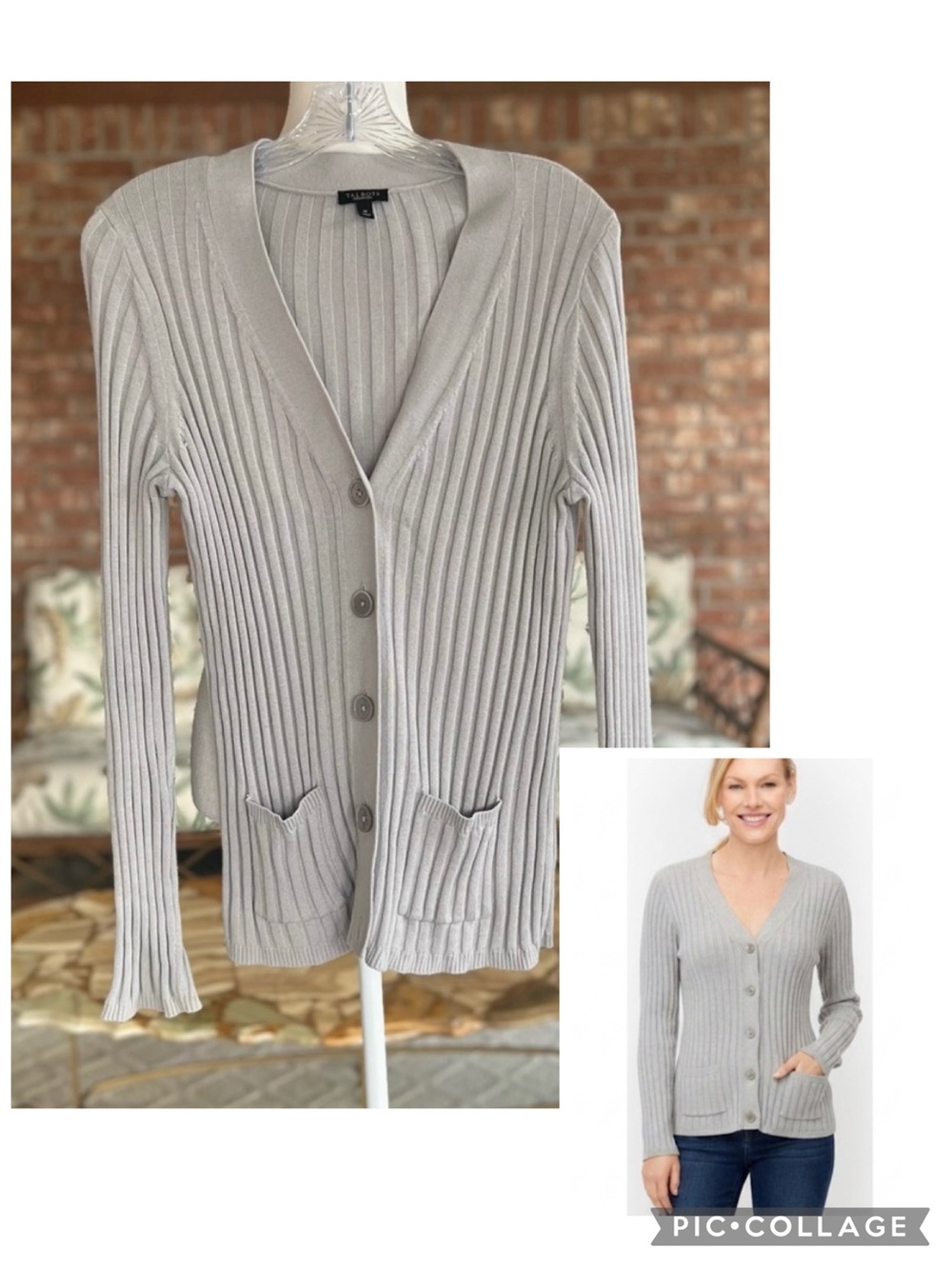 Talbots Gray Ribbed Knit Cardigan Sweater Fitted M Quiet Luxury